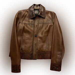 Massimo Dutti Brown Leather Jacket with Snakeskin Detail